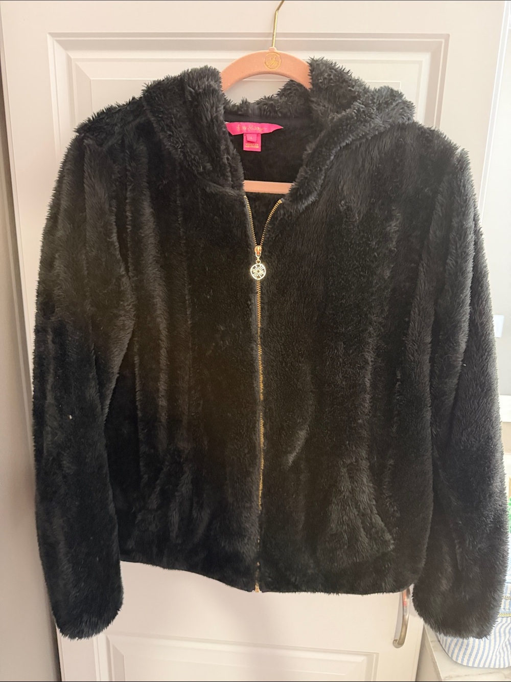 Lilly Pulitzer Black Plush Hooded Puffer Jacket with Gold Zipper